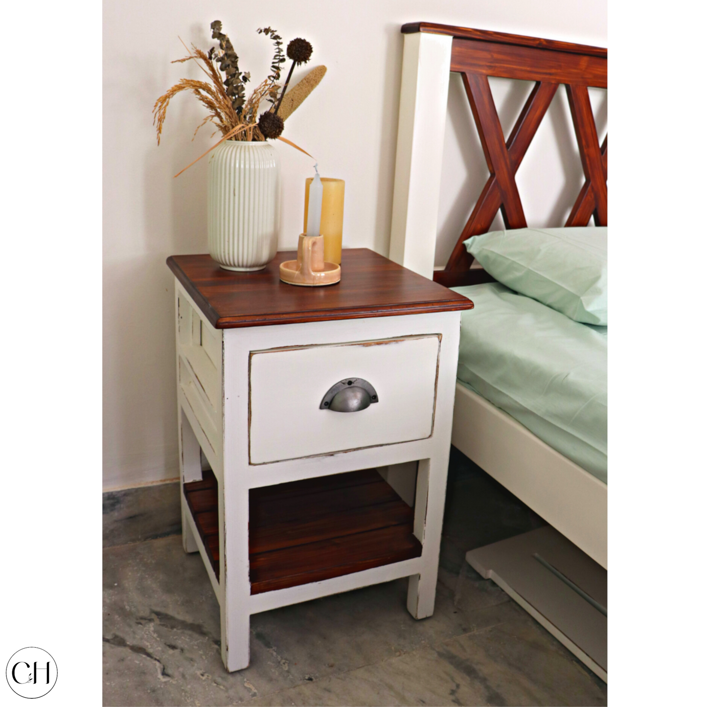 CustHum-Devon-farmhouse style side table in two-tone finish, distressed white and wood (with props)