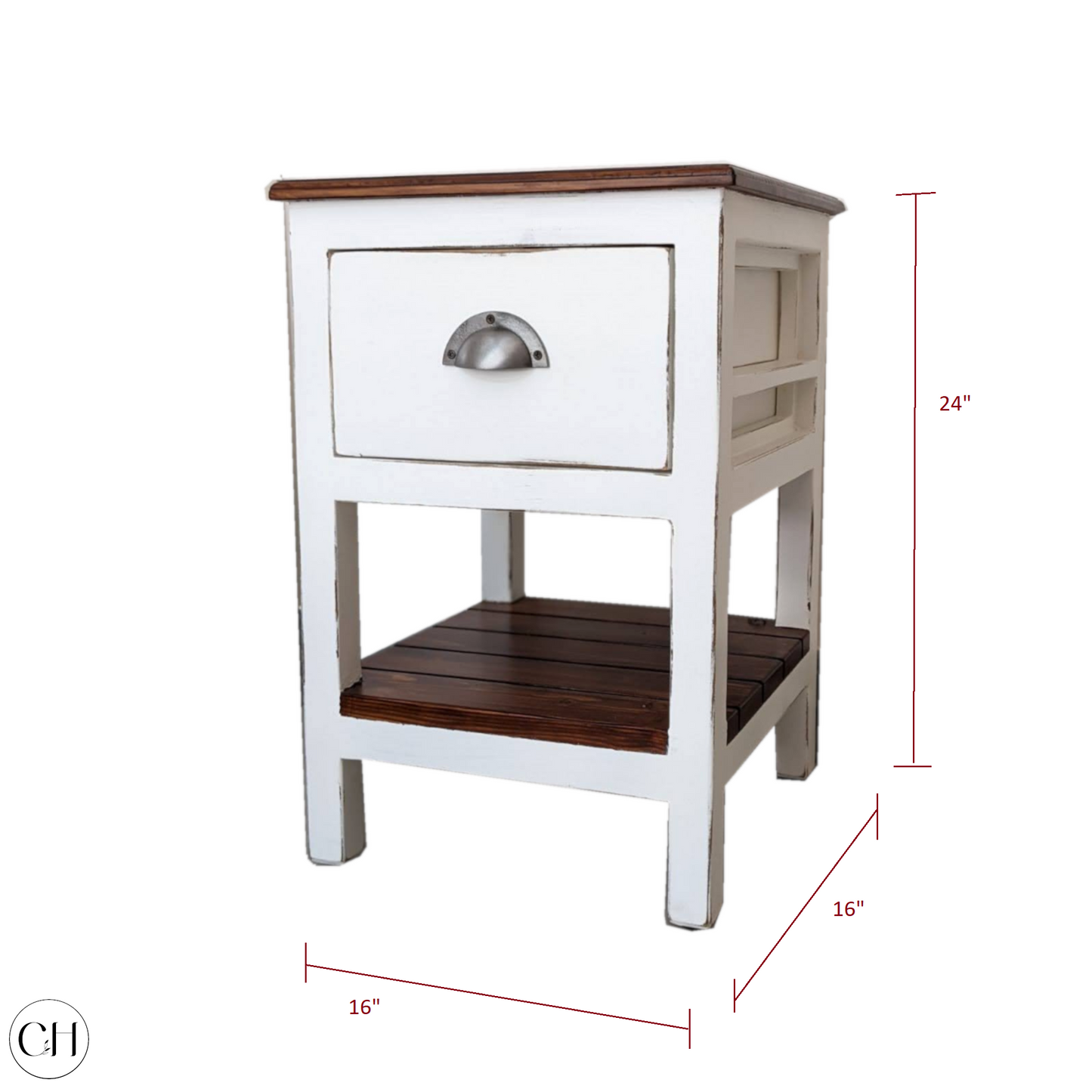 CustHum-Devon-farmhouse style side table in two-tone finish, distressed white and wood (dimensions)