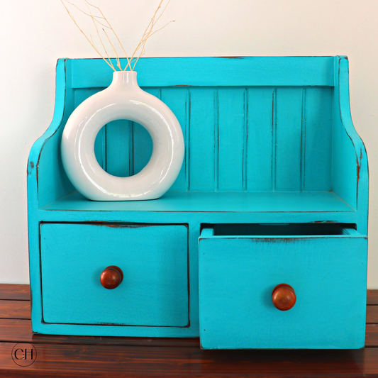 CustHum-Downton-kitchen countertop organizer with two drawers (distressed teal)
