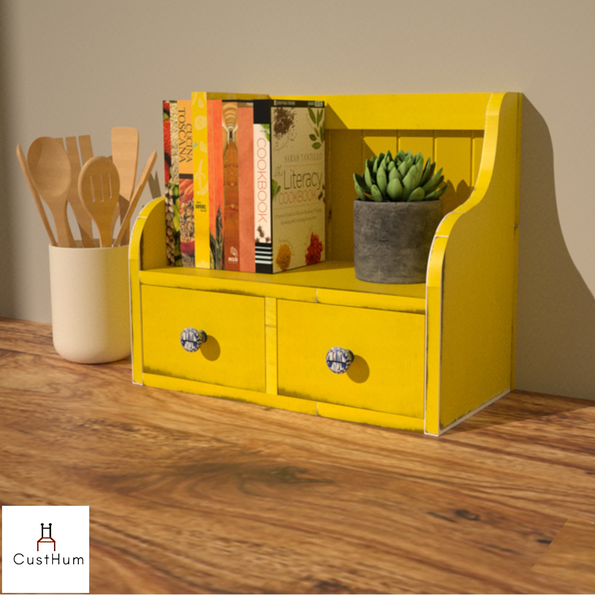 CustHum-Downton-multipurpose kitchn countertop organizer-distressed yellow with props