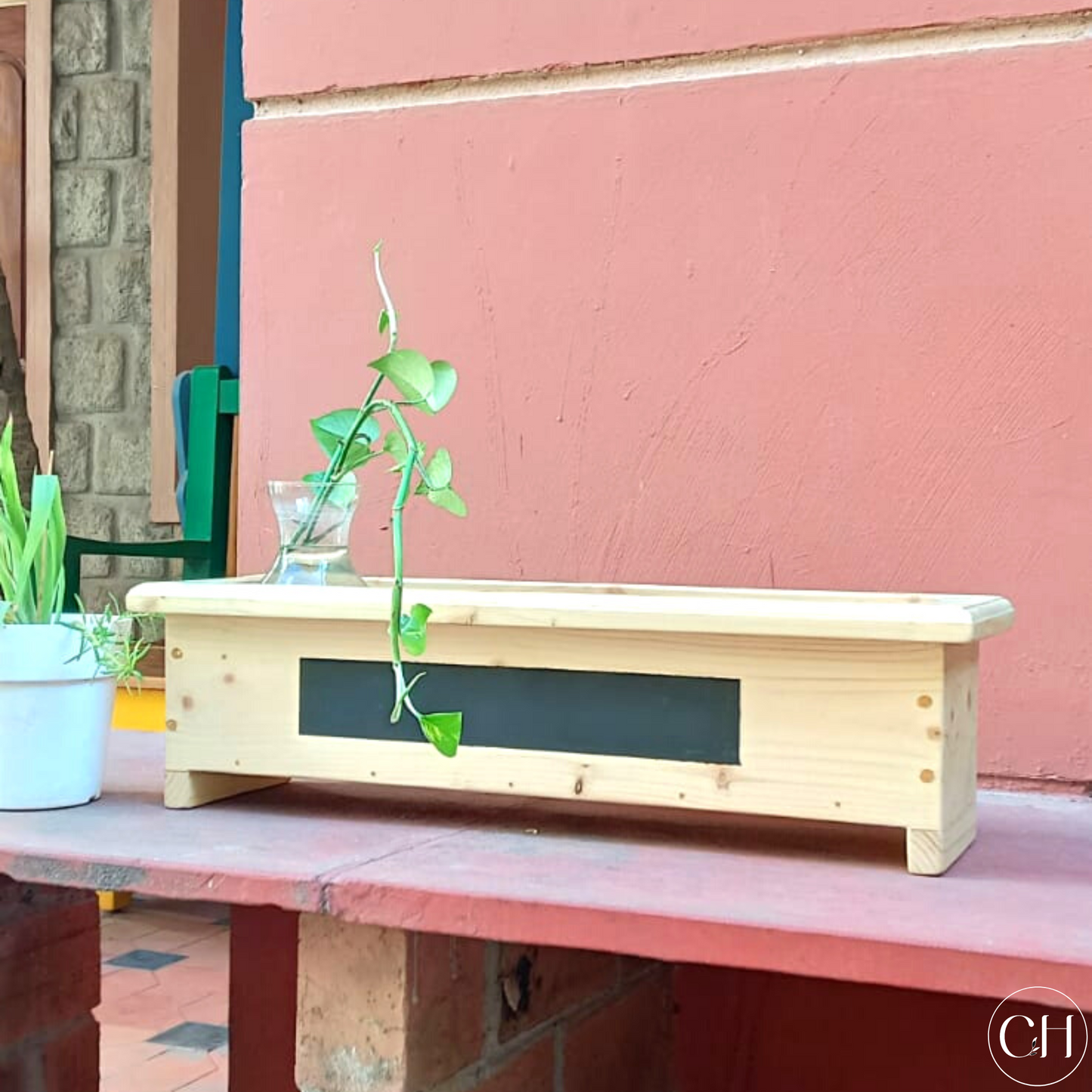 CustHum - solid pinewood tabletop herb box and planter with blackboard paint strip on front side (natural pine finish) 