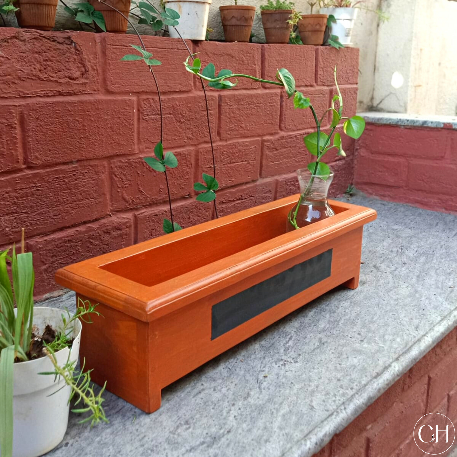 CustHum - solid pinewood tabletop herb box and planter with blackboard paint strip on front (rust orange, ISO)