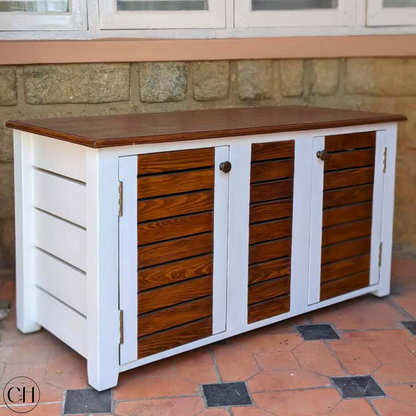 CustHum - rustic sho cabinet with slatted door design in white and wood finish (ISO)