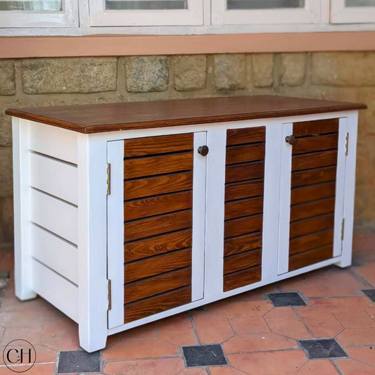 CustHum - rustic sho cabinet with slatted door design in white and wood finish (ISO)