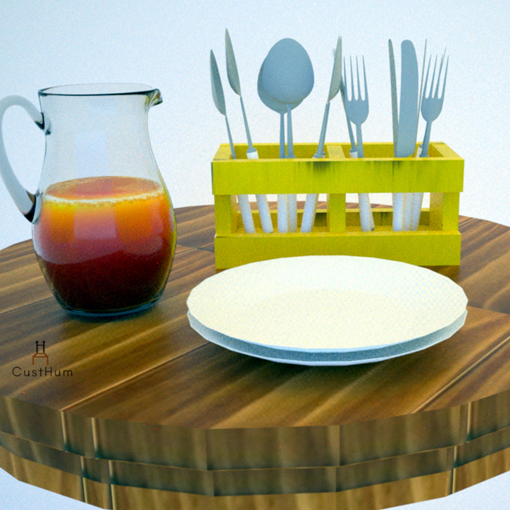 CustHum-Essen-wooden cutlery and condiments holder-distressed yellow with props