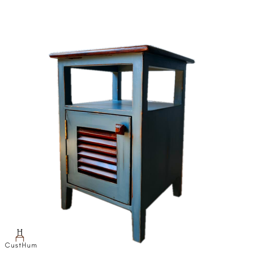 CustHum-Sage-two tone silver grey and rainforest teak bedside table with slated door-side view