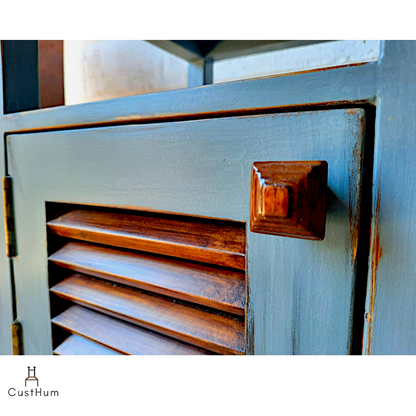 CustHum-Sage-two tone silver grey and rainforest teak bedside table with slated door-closeup of handmade handle