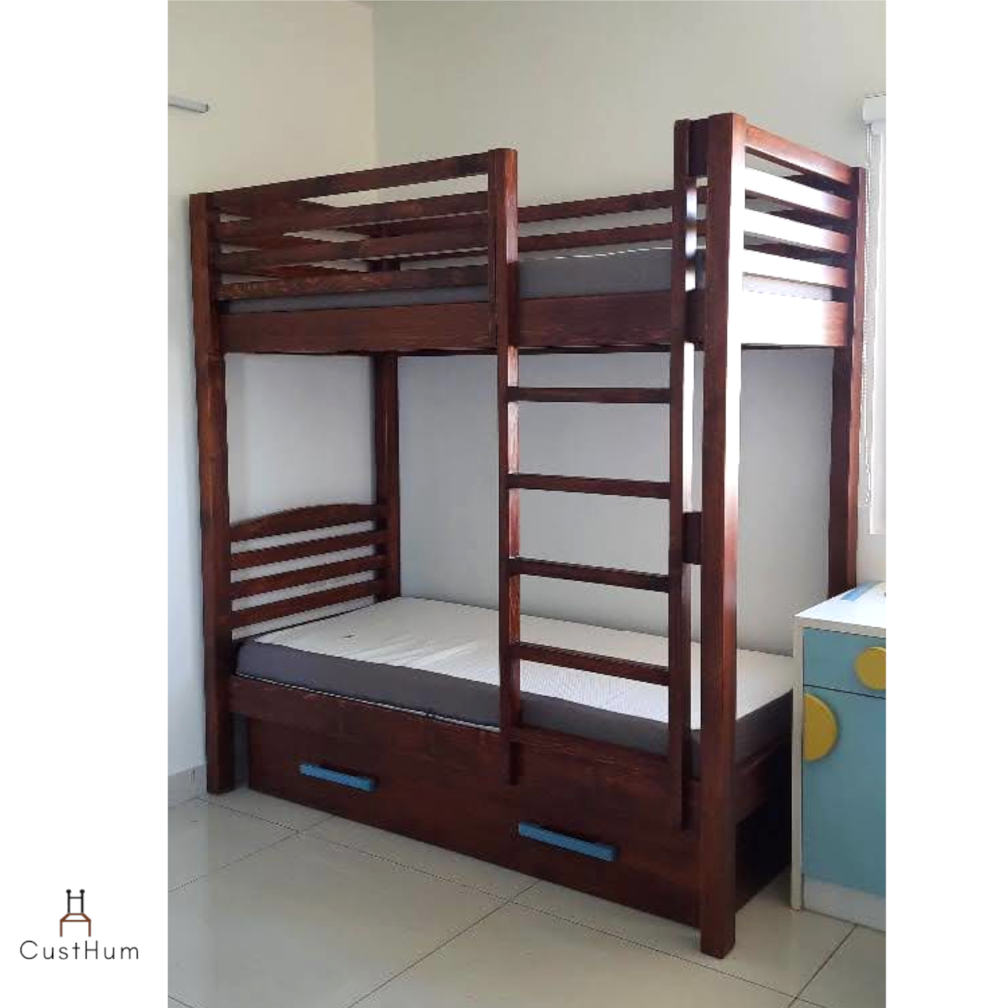 CustHum Genie-bunk bed for kids with removable under cot storage box with long handles (closed)