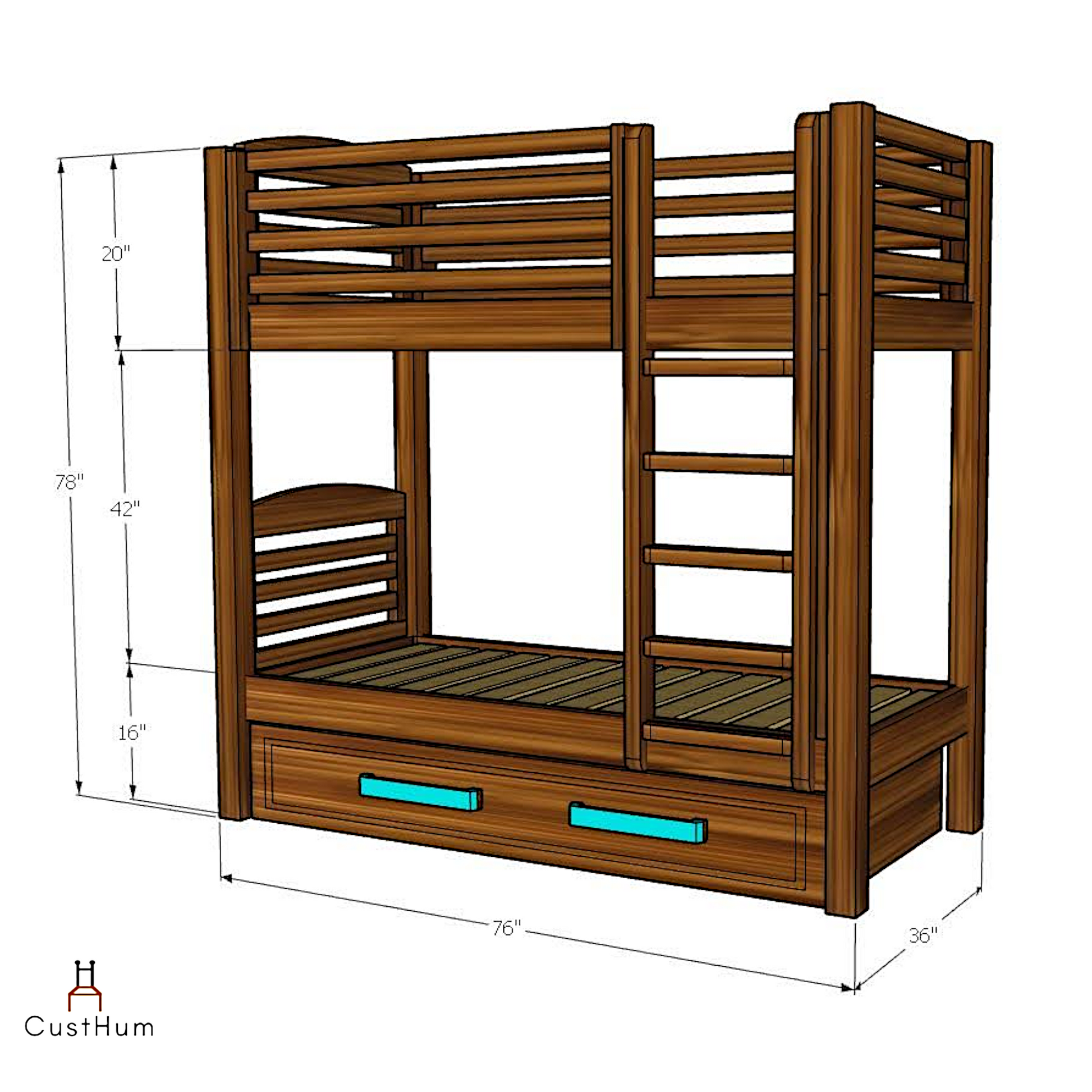 CustHum Genie-bunk bed for kids with removable under cot storage box with long handles-dimensions