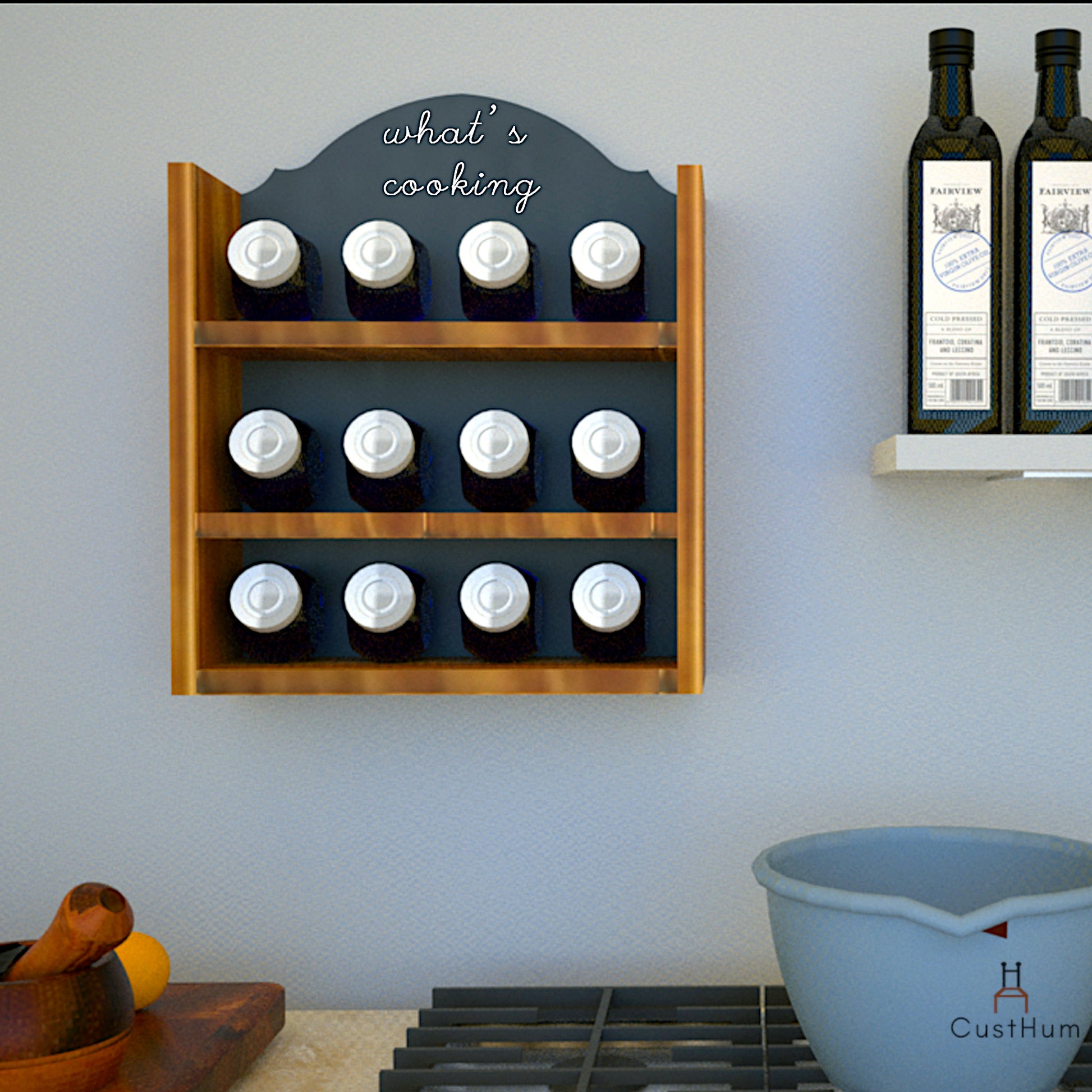 CustHum-Ginger-farmhouse- style wooden spice rack with blackboard paint on the back (with props)