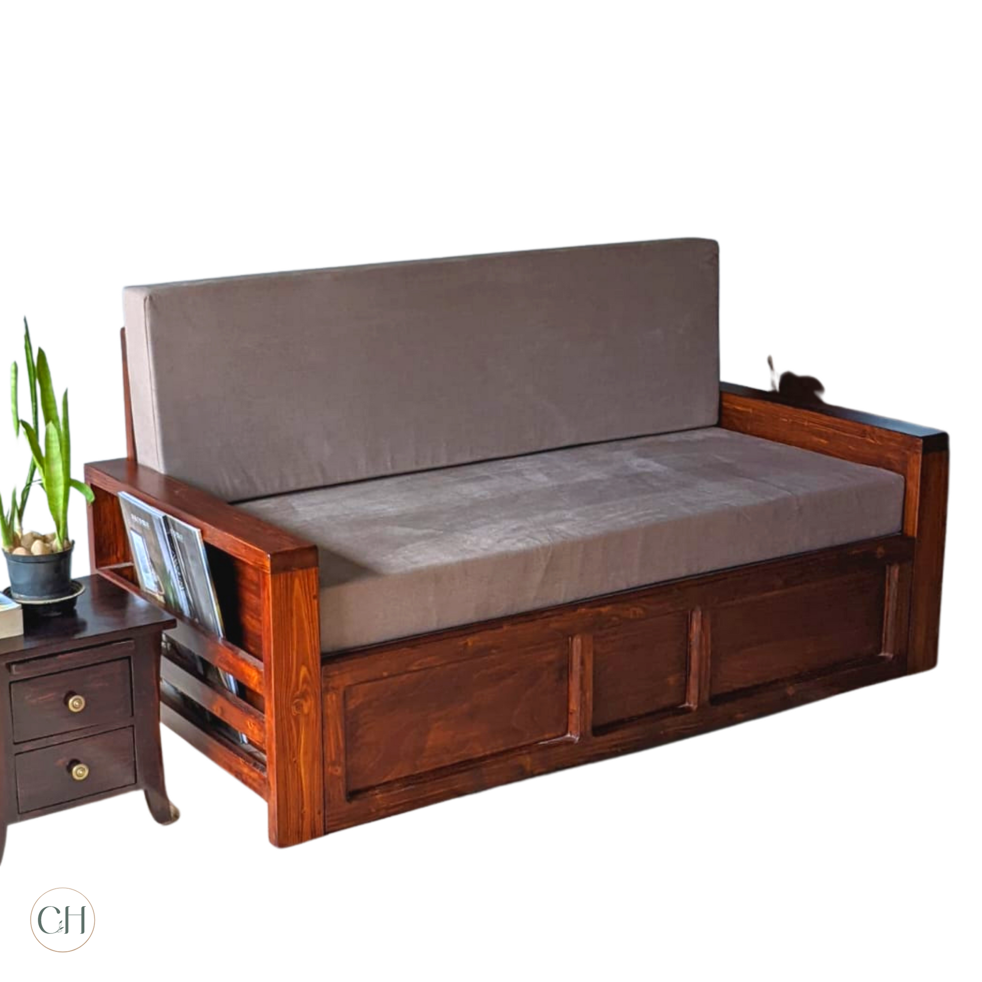 CustHum-Helen-expandable sofa cum bed with magazine holder on either side, cushion mattress (closed ISO)