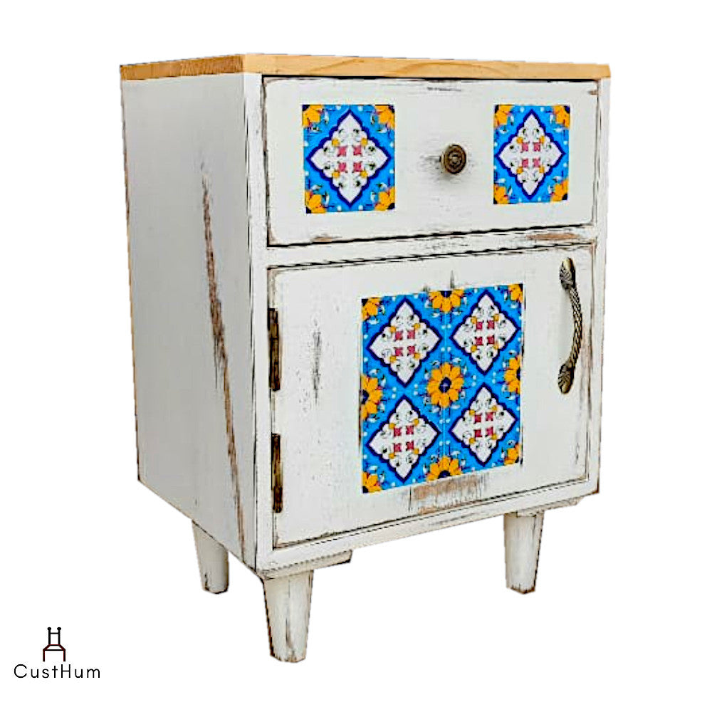 Jasmine - Distressed Solid Wood Side Table with Embedded Tiles - CustHum