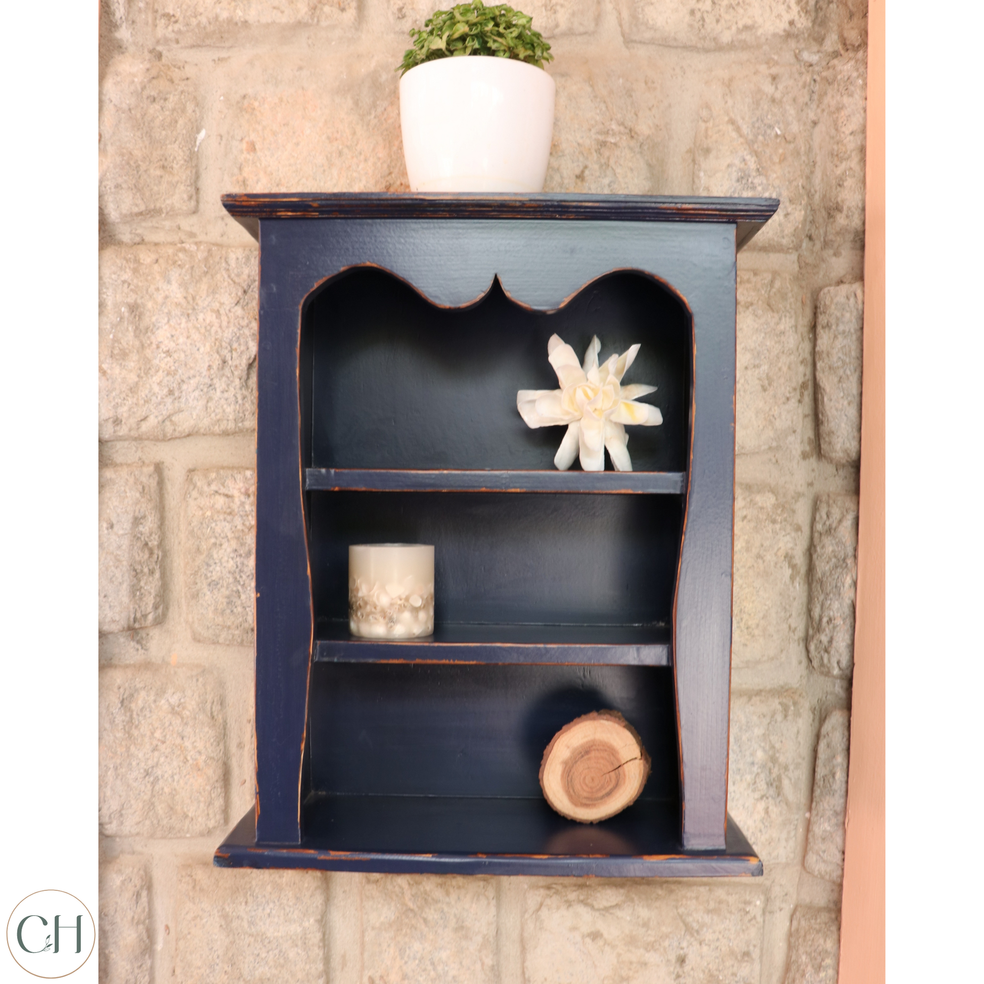 CustHum - country-style wall-mounted wooden shelf in distressed indigo painted finish