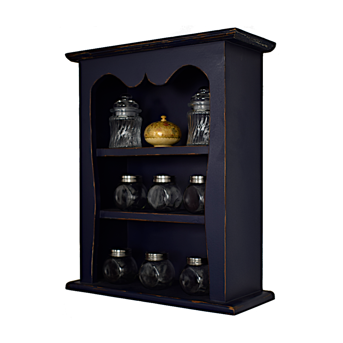 CustHum - country-style wall-mounted wooden shelf in distressed indigo paint finish (ISO)