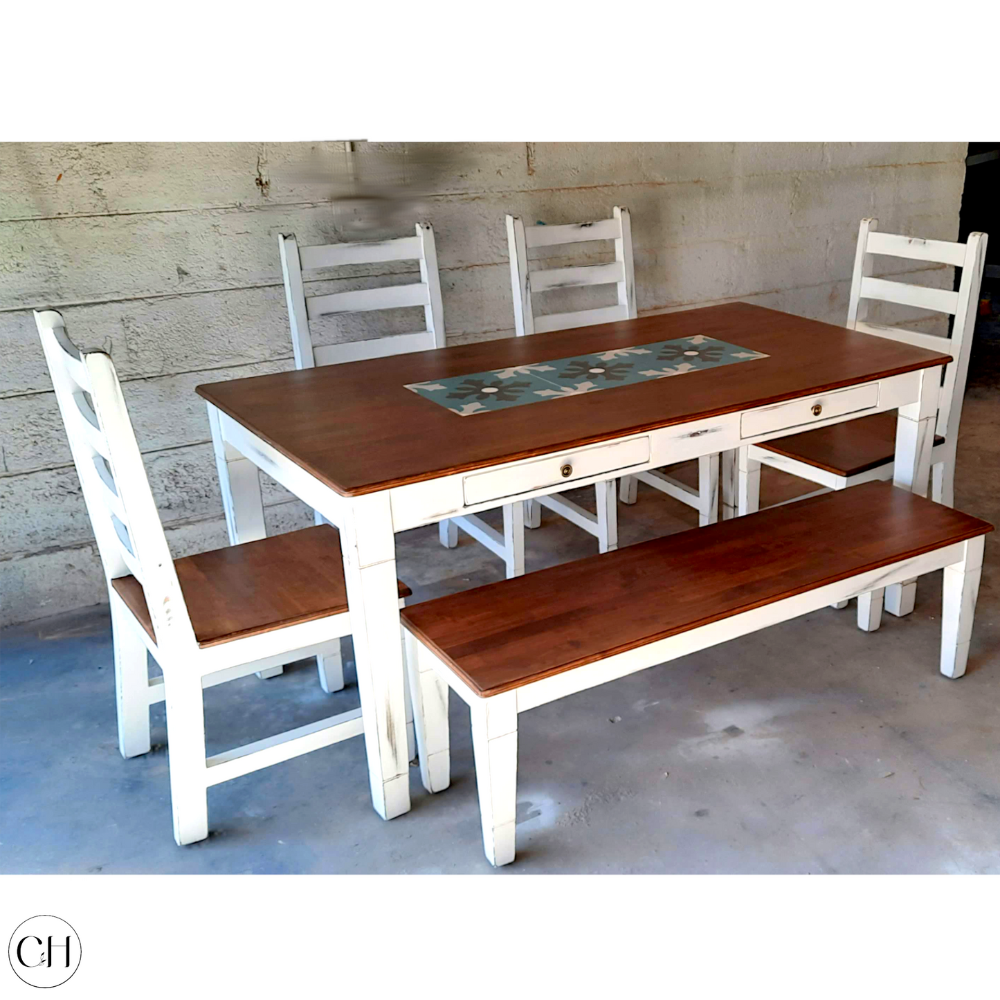 CustHum-Geranium-6 seater dining set, 4 chairs, 1 bench, cutlery drawers on table apron and embedded tiles on top (factory background)