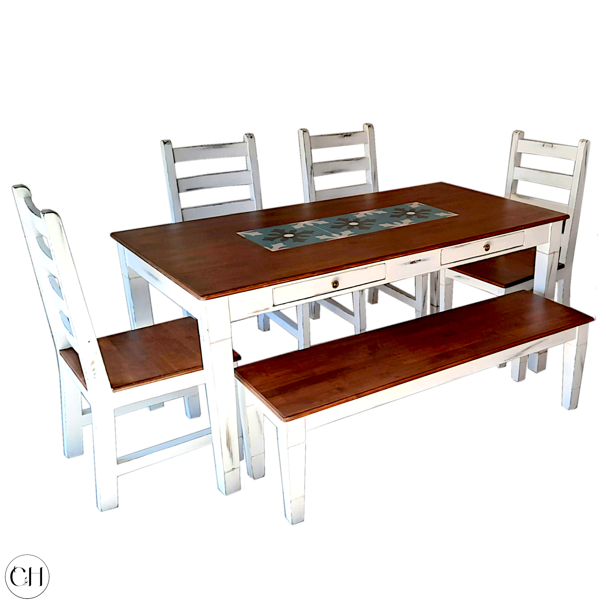 CustHum-Geranium-6 seater dining set, 4 chairs, 1 bench, cutlery drawers on table apron and embedded tiles on top (white background)
