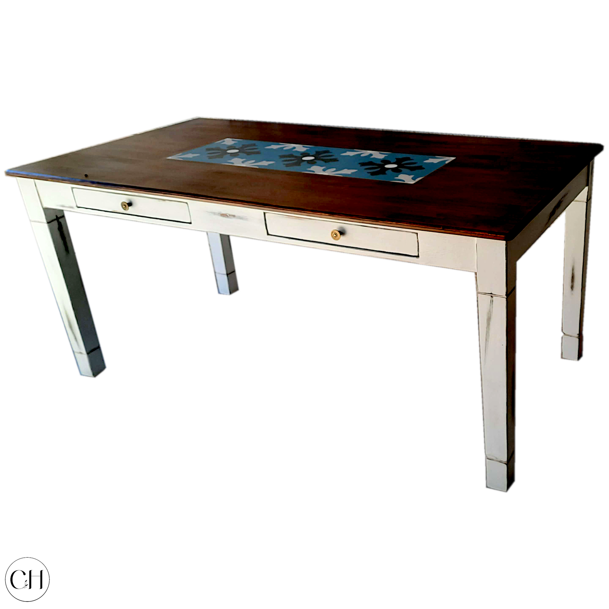 CustHum-Geranium-dining table with cutlery drawers on table apron and embedded tiles on top, white and wood finish
