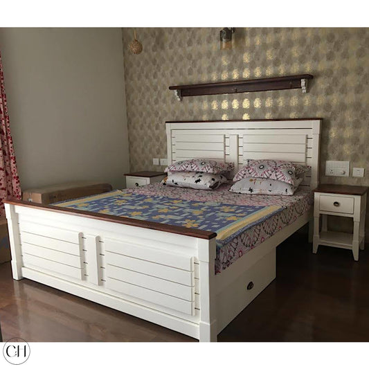 CustHum Marbella-bedroom with farmhouse style bed in white and wood finish, corbel shelf, side table, under bed storage box