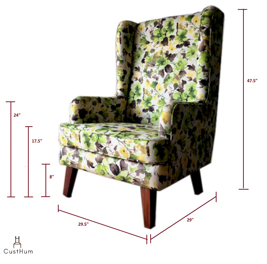 CustHum-Mirkwood-upholstered solid wood wing chair-dimensions