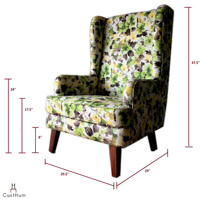 CustHum-Mirkwood-upholstered solid wood wing chair-dimensions