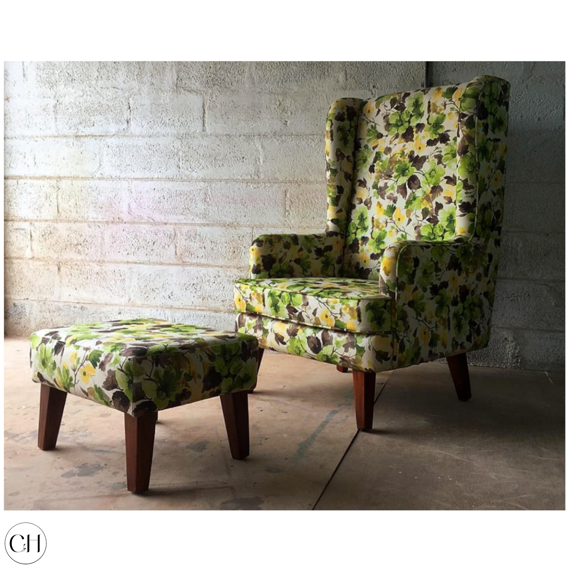 CustHum - Upholstered Wingback Chair with Ottoman, both in forest leaf pattern fabric (ISO)