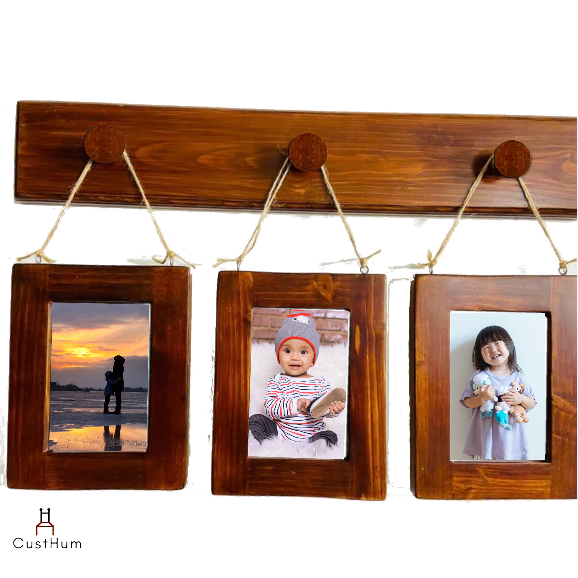 CustHum-Moneta-wooden photo frame gallery with 3 wooden knobs and strings
