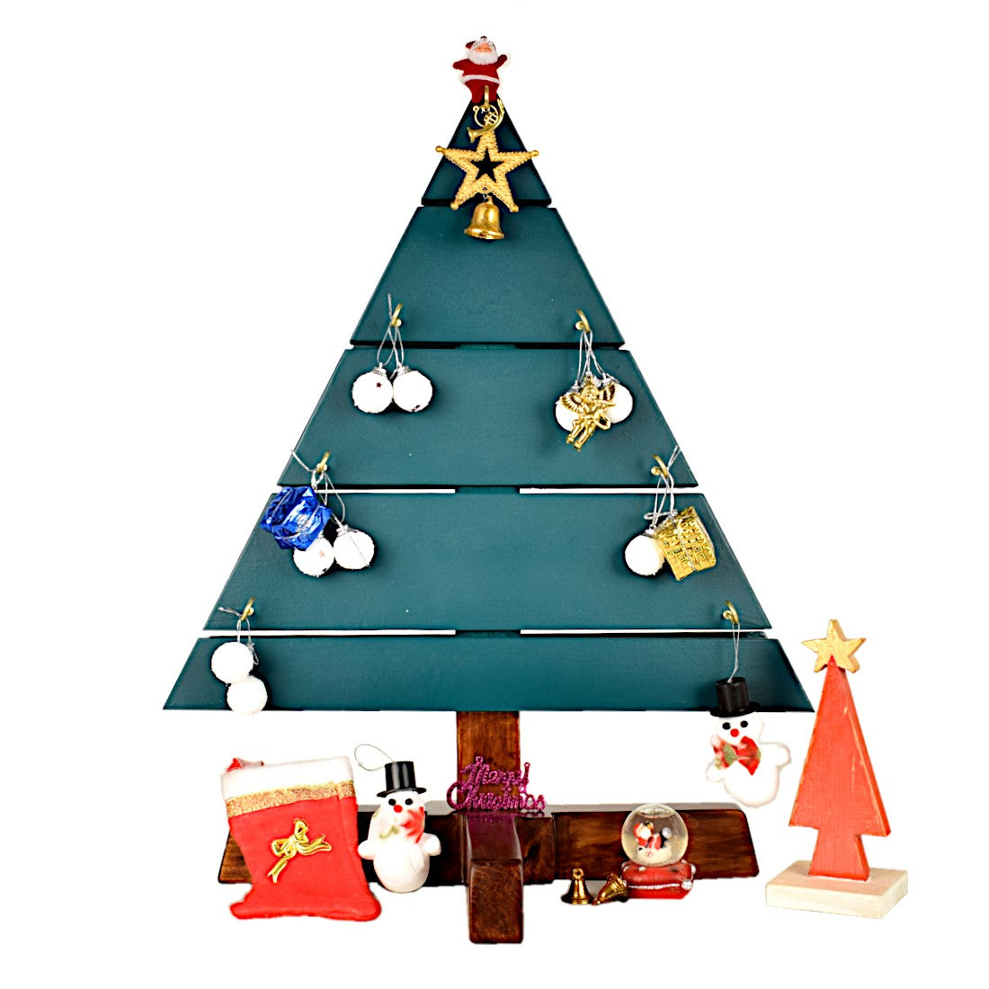 CustHum-Noel-solid pinewood minimalistic Christmas tree with brass hooks and removable base (white background)