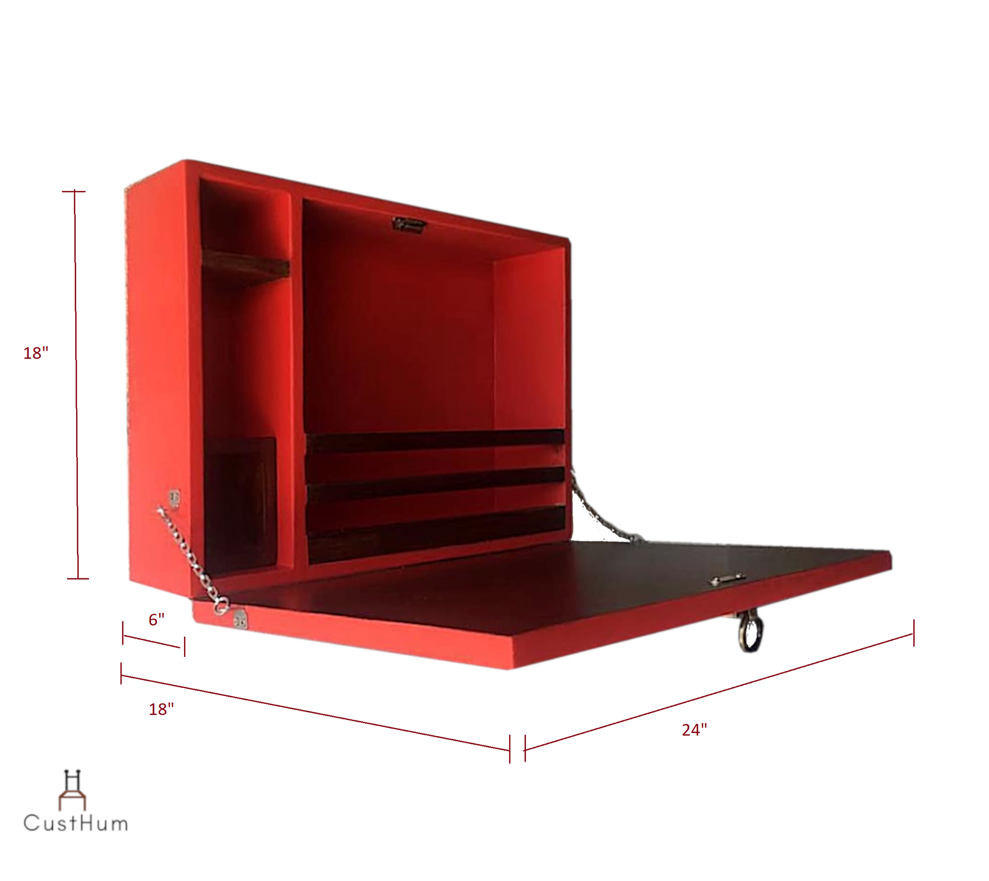 CustHum Pluma-wall mounted folding table-painted red (ISO, open view showing inside compartments)