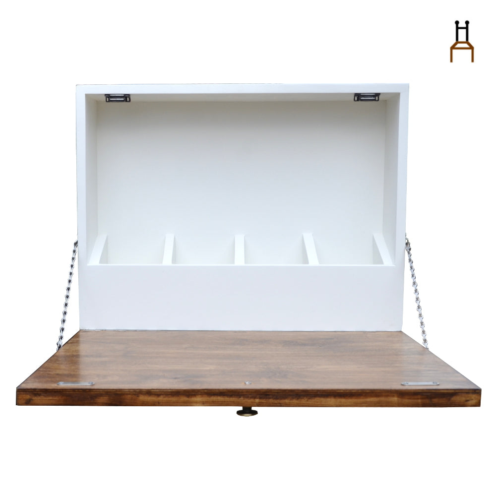 CustHum-Creativ-Murphy style wall mounted arts work desk (in white and teak tones; open view)