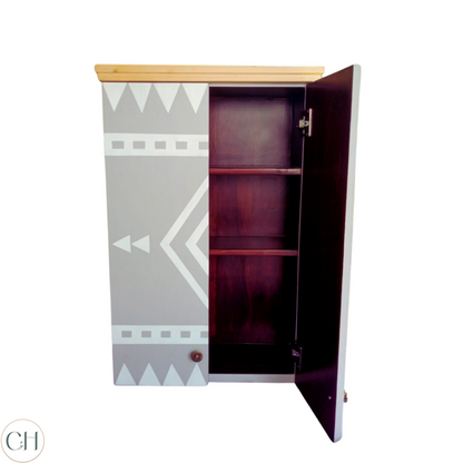 CustHum - Grey wall-mounted bar cabinet with Aztec art on doors (partially open)