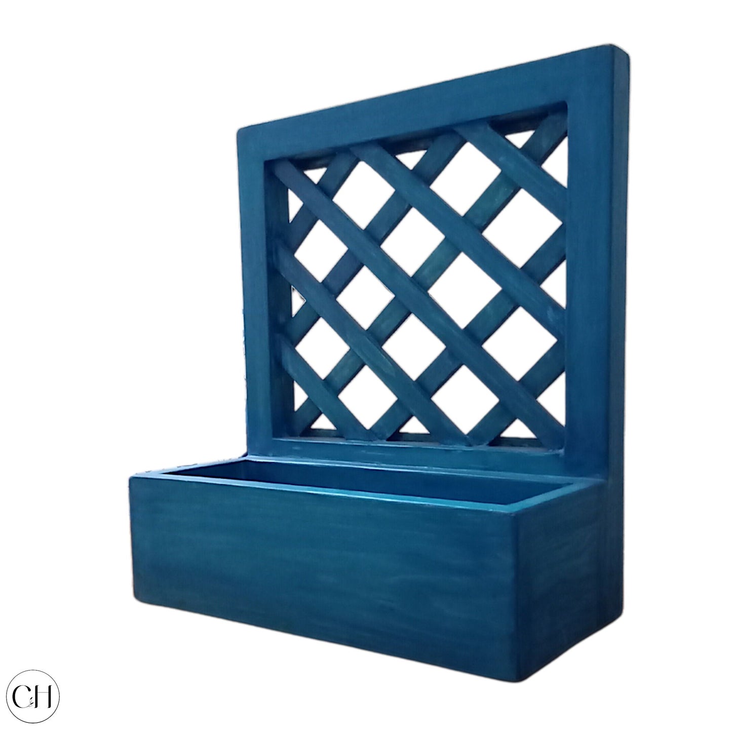 CustHum-Senja-small wooden planter with trellis on the back (teal, ISO view, white background)