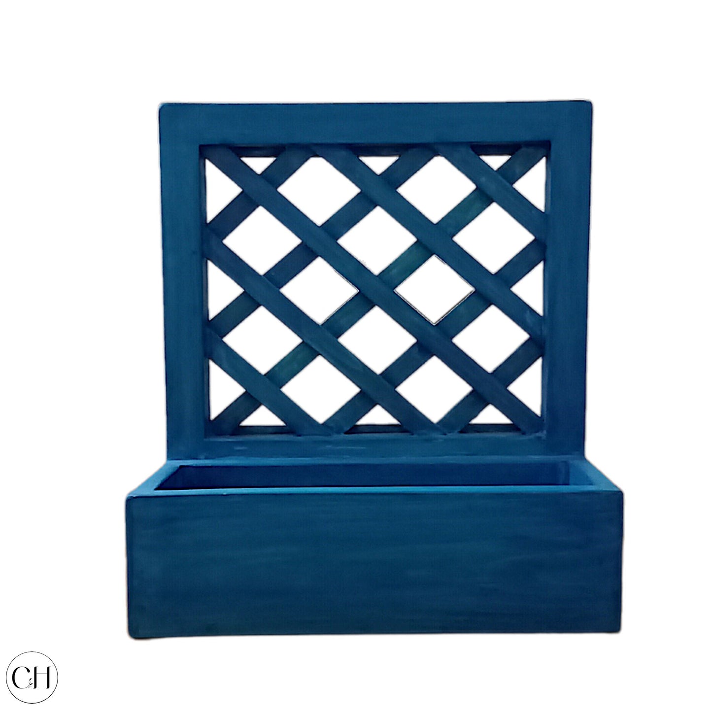CustHum-Senja-small wooden planter with trellis on the back (teal, front view, white background)