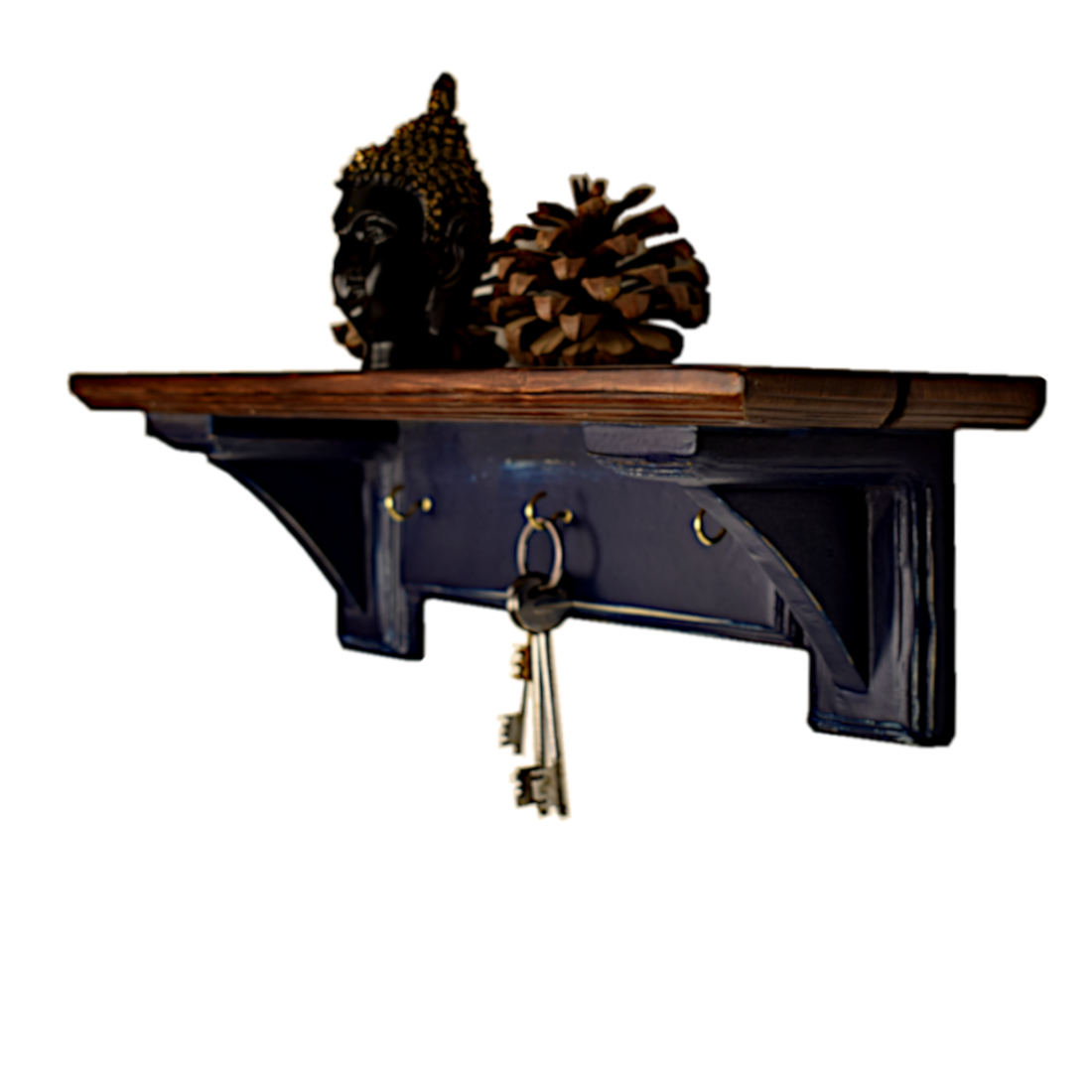 CustHum-Sistine-corbel shelf (in blue and teak tones), with hooks to hang keys, masks