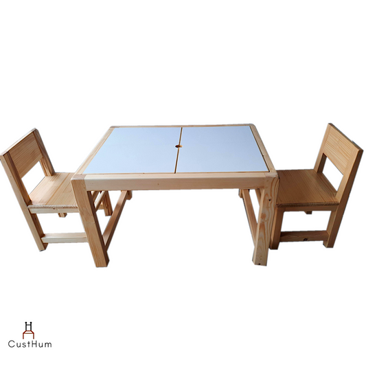 CustHum-Simsim-activity table with reversible top, normal wooden finish and white marker board, and two chairs