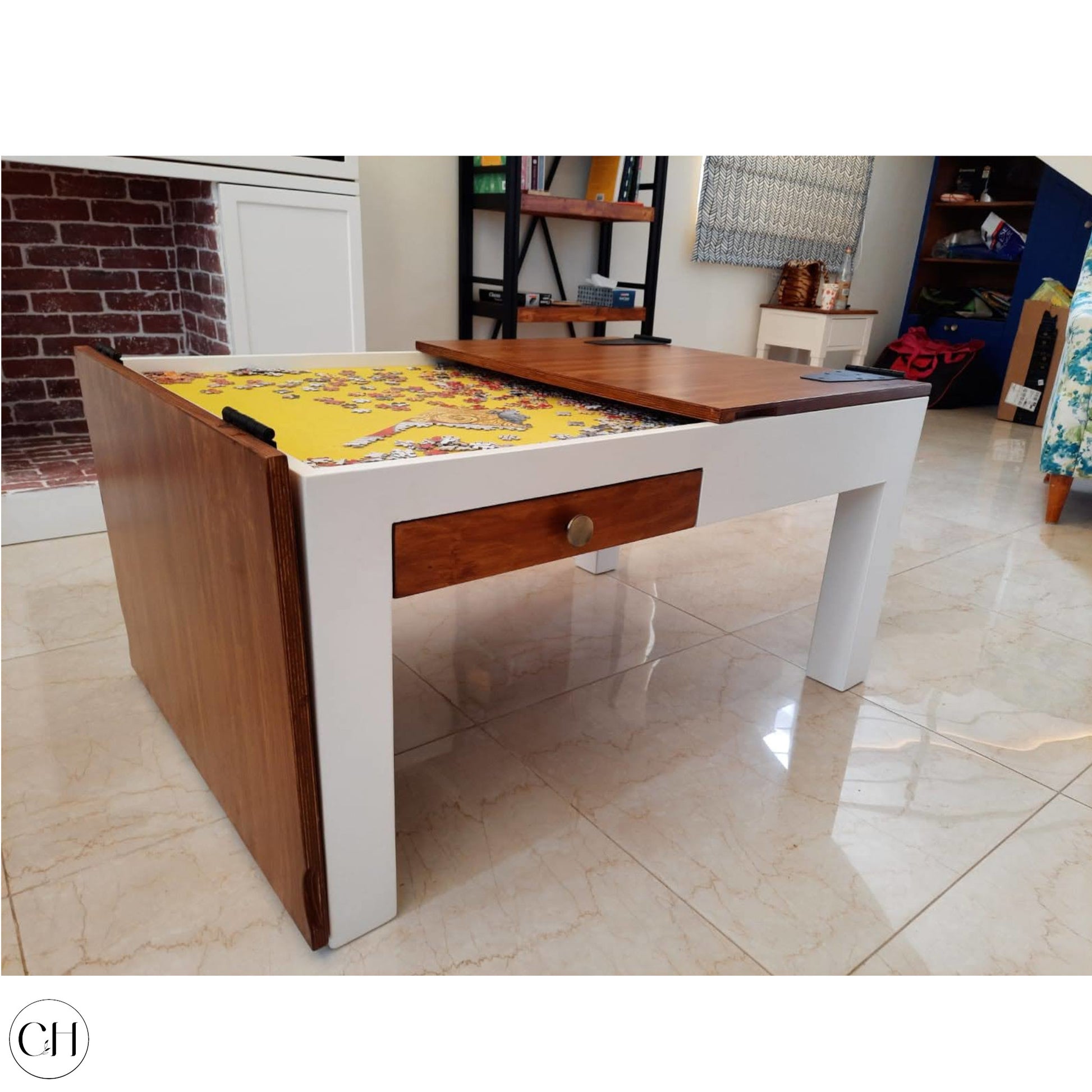 CustHum-Spilsbury-coffee table with folding top to store jigsaw puzzle, small drawer (ISO, half open)