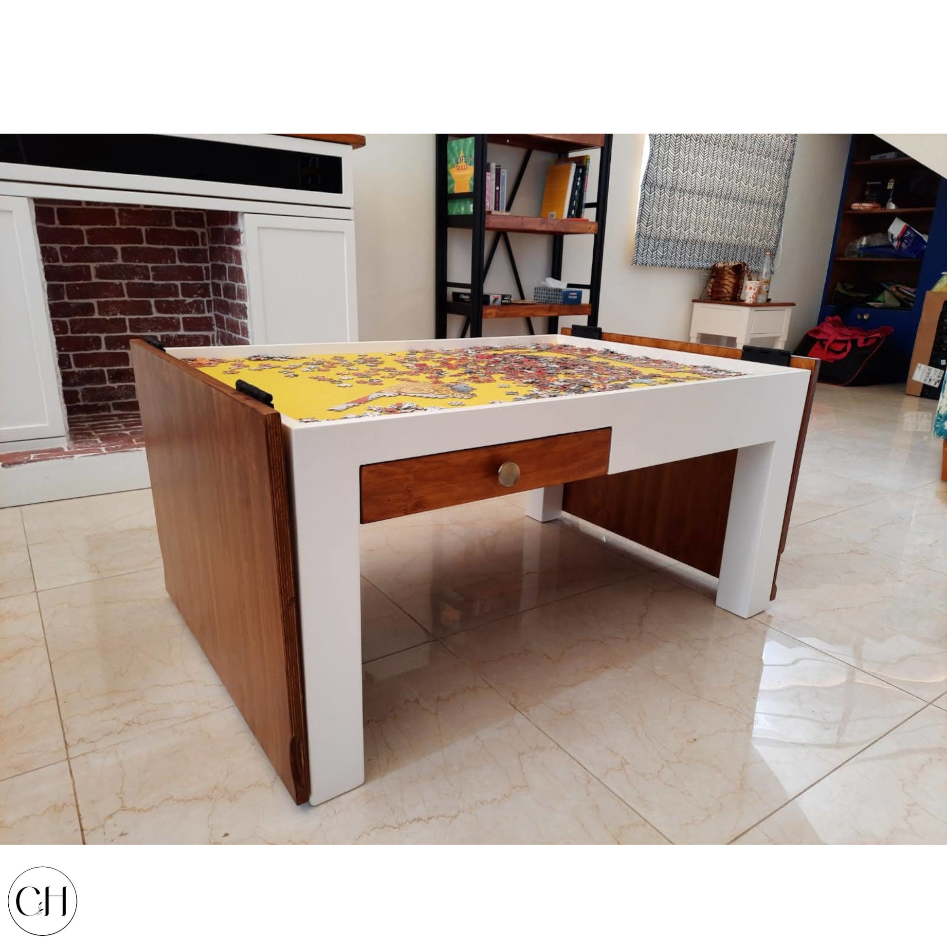 CustHum-Spilsbury-coffee table with folding top to store jigsaw puzzle, small drawer (ISO, open)