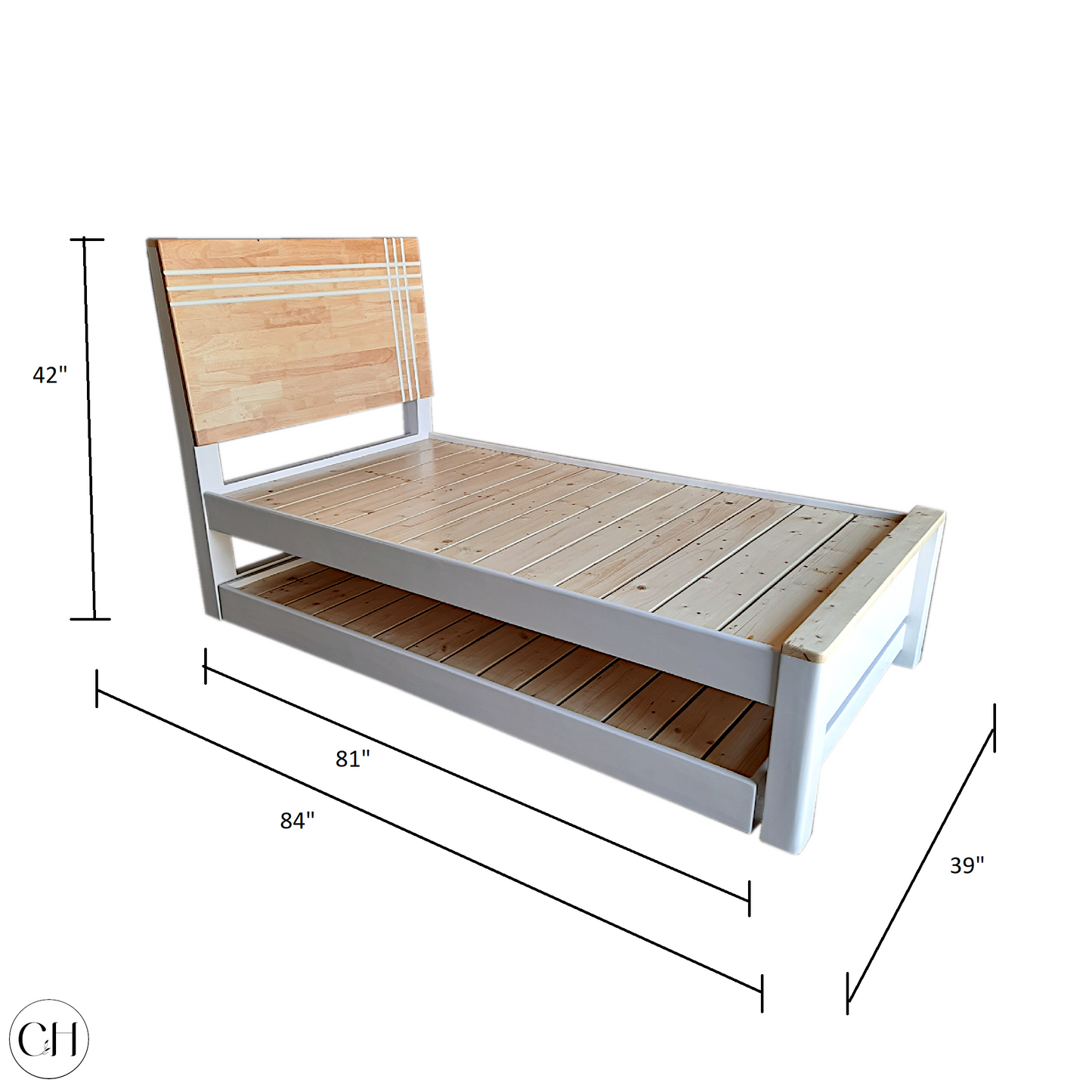 CustHum Stardust - solid wood bed with trundle in natural pine and white finish and headboard with inlaid paintwork (dimensions, single size)