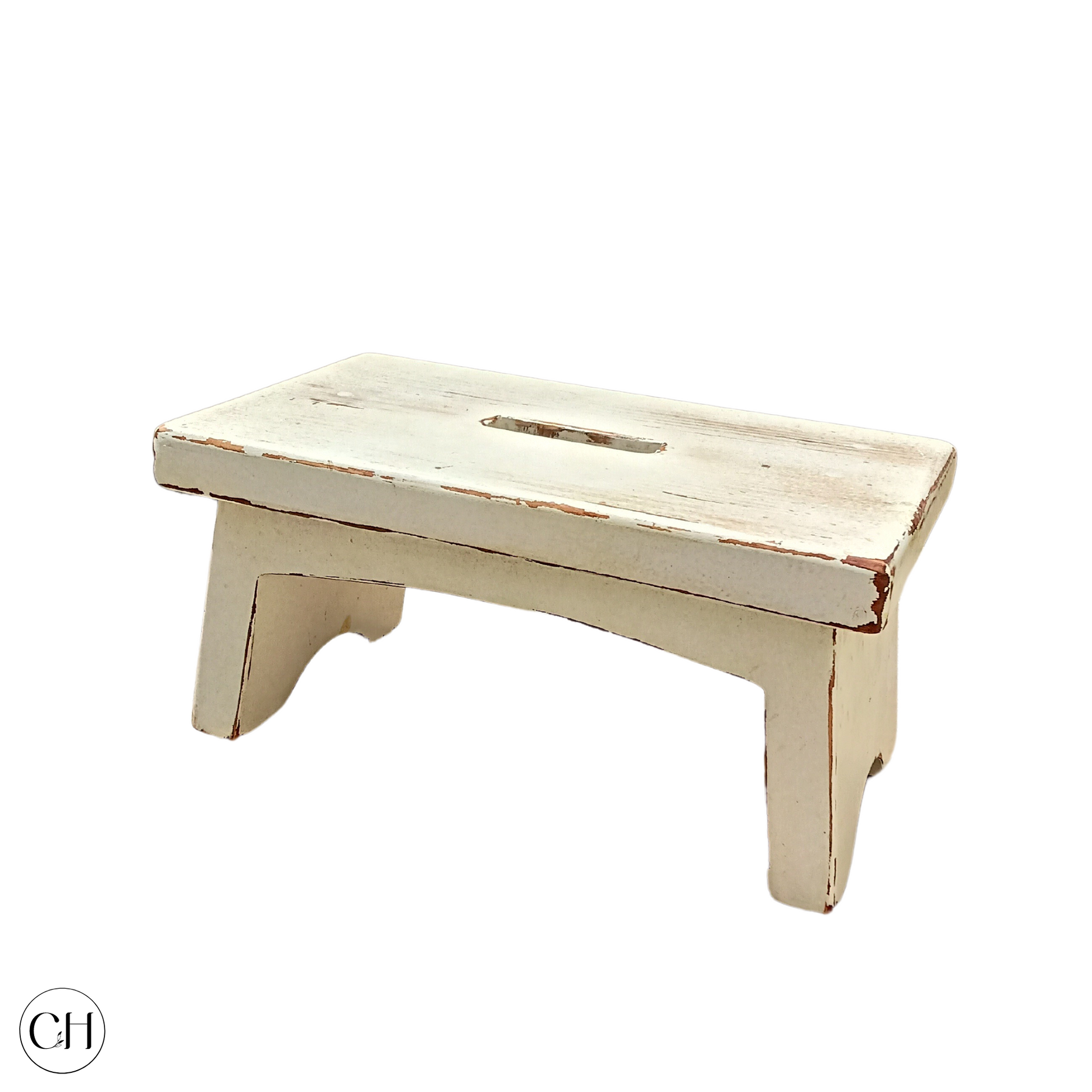 CustHum- Step - small wooden stool with groove in the middle for easy carrying (distressed white, white background)