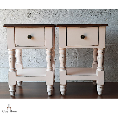 CustHum-Tulip-cottage-style bedside table with handturned legs and two-tone distressed finish (set of two)