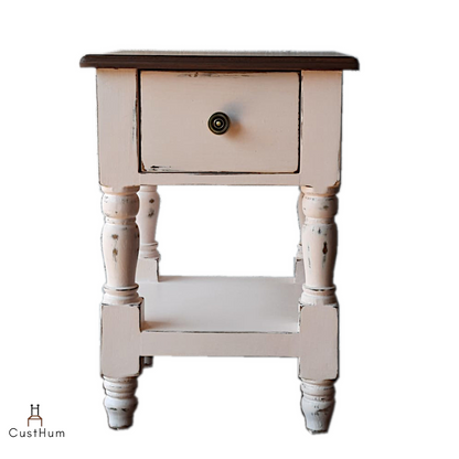 CustHum-Tulip-cottage-style bedside table with handturned legs and two-tone distressed finish (front view, white background)