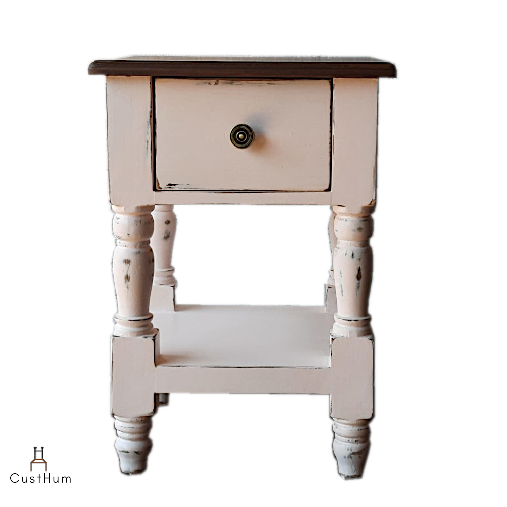 CustHum-Tulip-cottage-style bedside table with handturned legs and two-tone distressed finish (front view, white background)