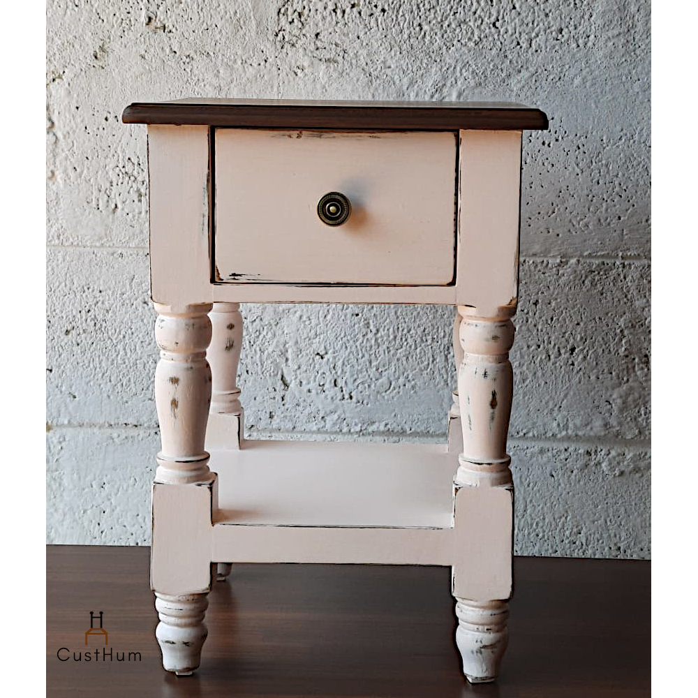 CustHum-Tulip-cottage-style bedside table with handturned legs and two-tone distressed finish (front view)