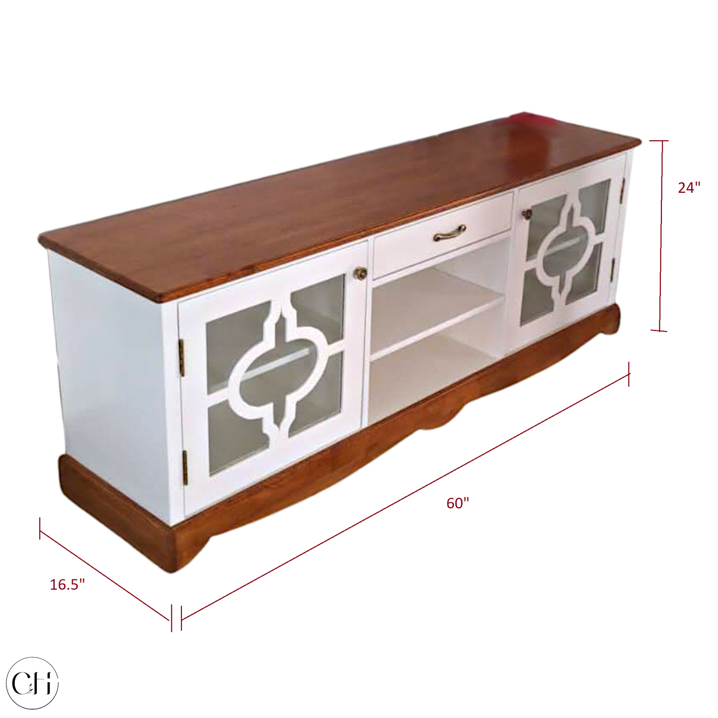 CustHum Venetia - Wooden TV Stand in white and wood tone, two doors on the side with onate design on glass panels, drawer and two open shelves in the middle (dimensions)
