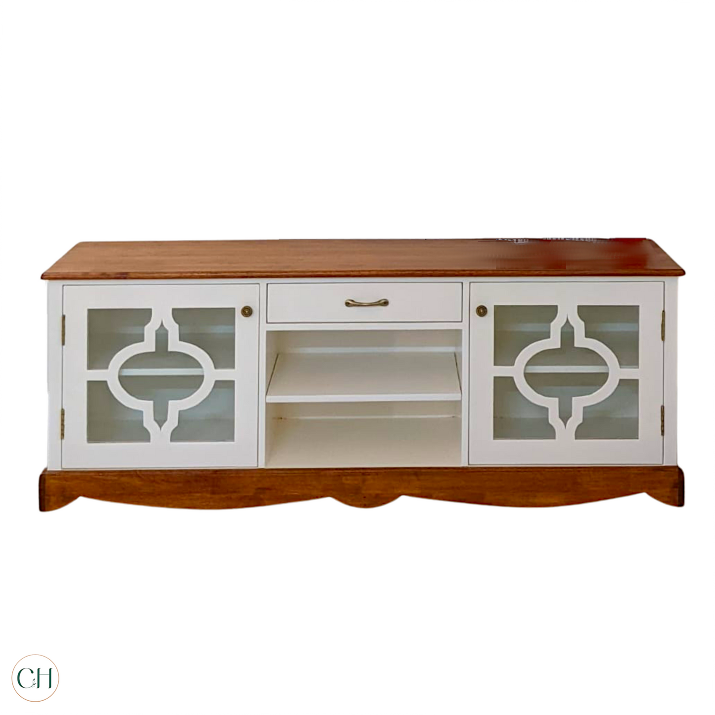 CustHum Venetia - Wooden TV Stand in white and wood tone, two doors on the side with onate design on glass panels, drawer and two open shelves in the middle (front view)