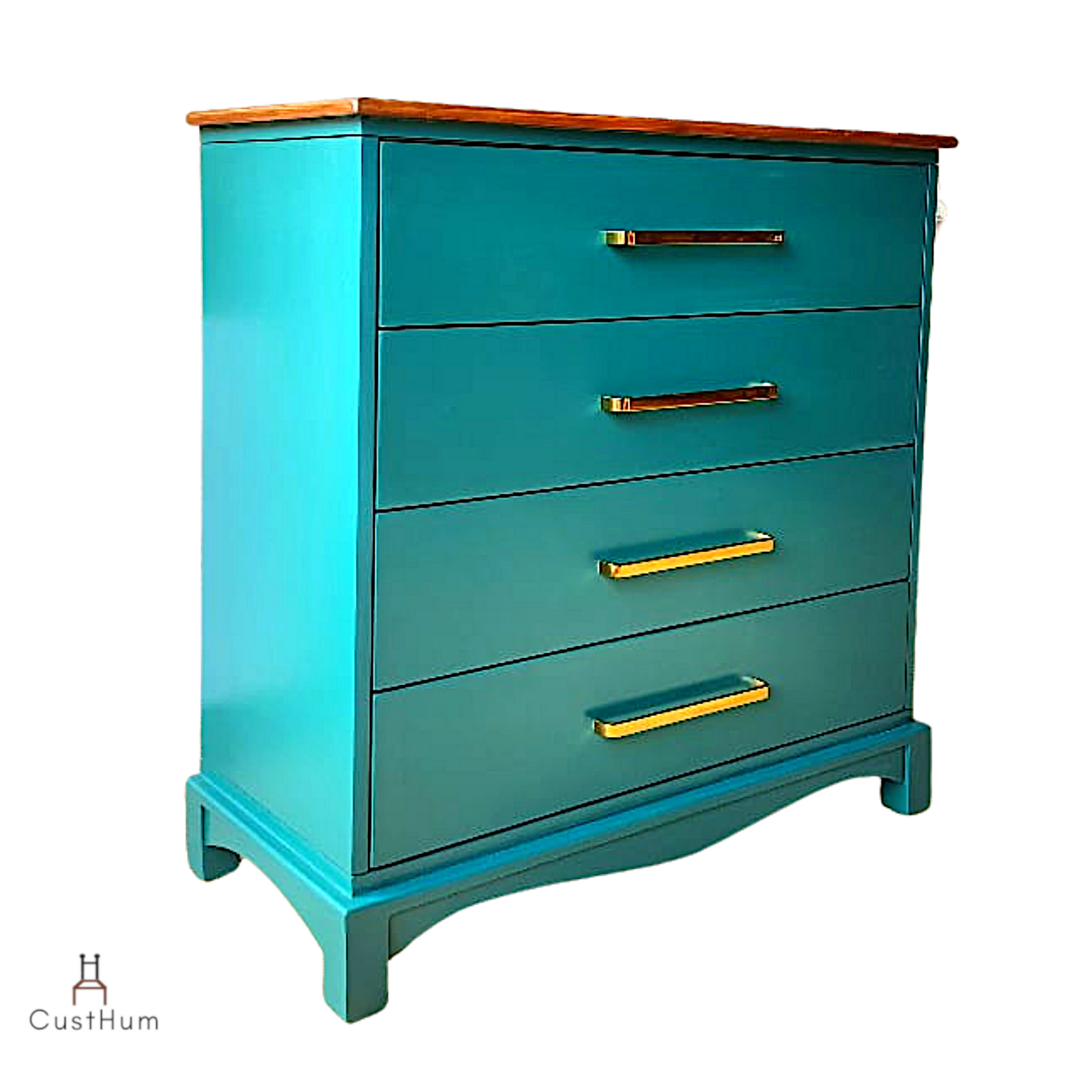 CustHum Verdure-vintage modern chest of drawers in duck plume green color and with sleek brass coated handles (ISO, closed)