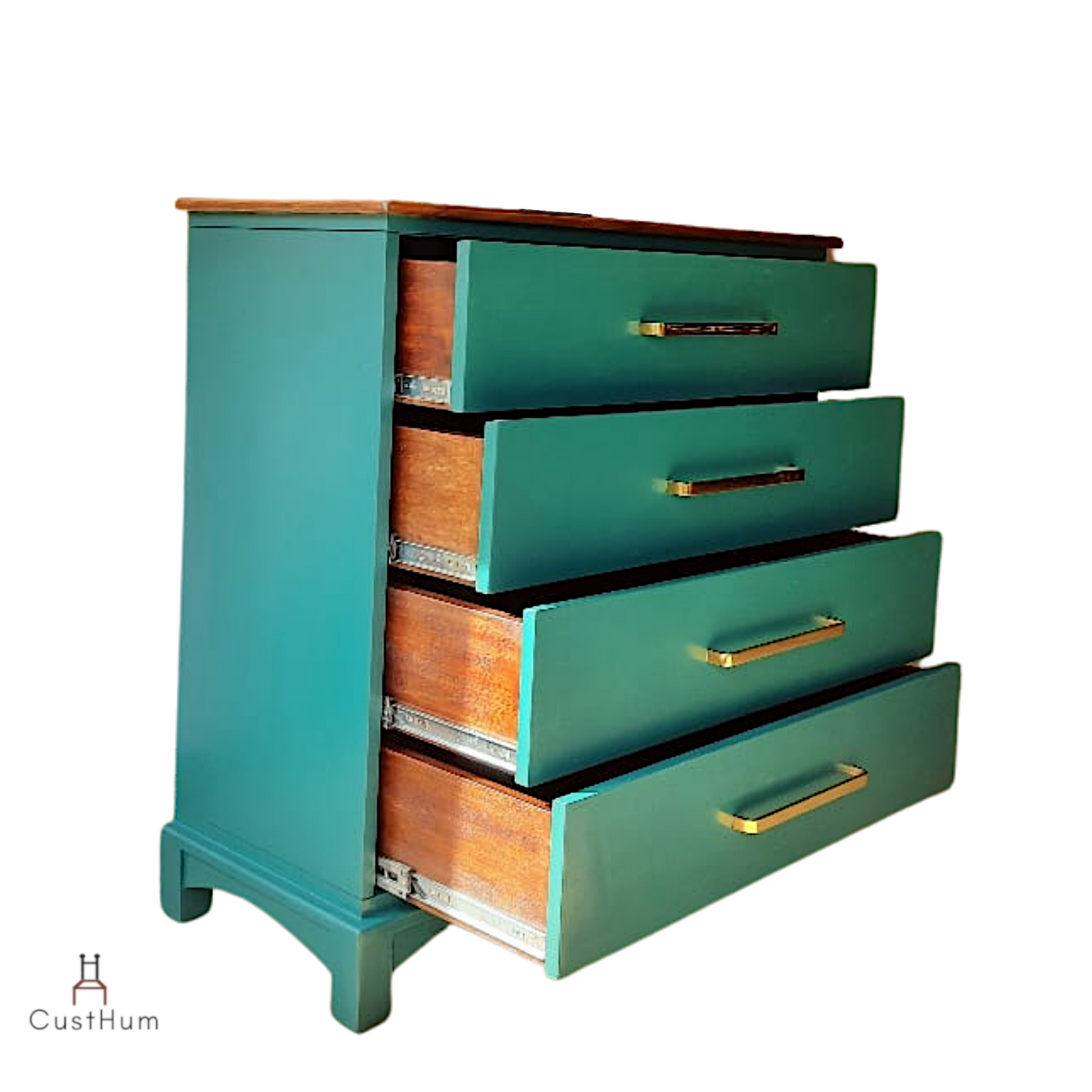 CustHum Verdure-vintage modern chest of drawers in duck plume green color and with sleek brass coated handles (ISO, open)