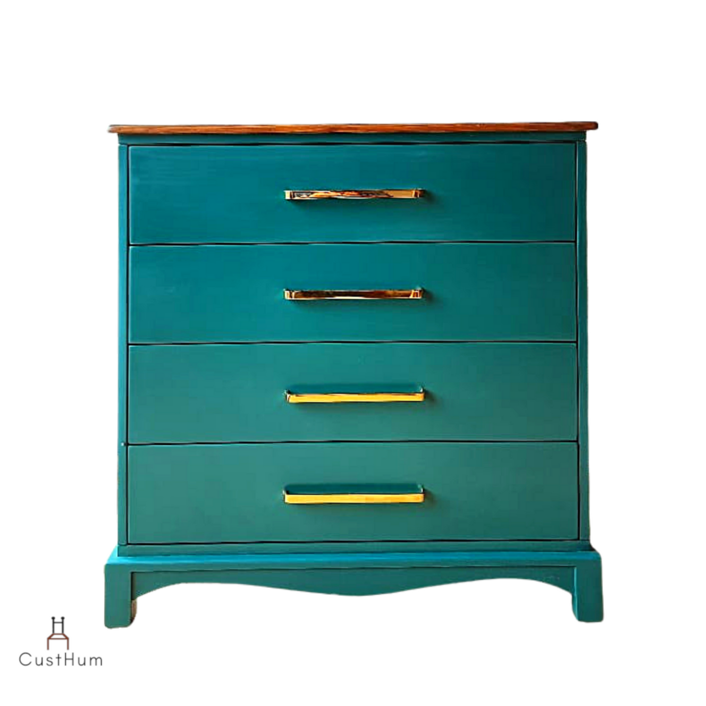 CustHum Verdure-vintage modern chest of drawers in duck plume green color and with sleek brass coated handles (front view, closed)