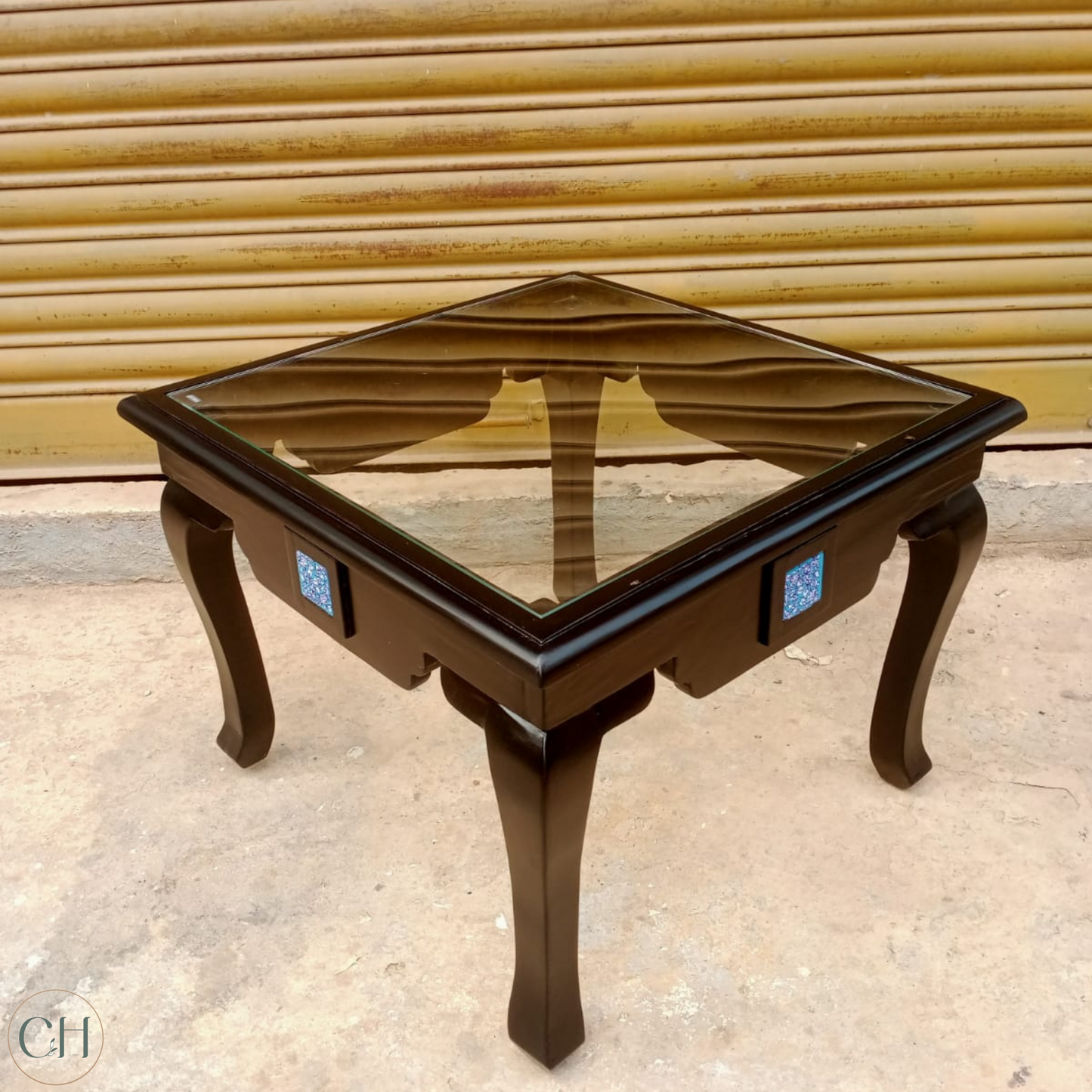 Viola - Ornate Solid Wood Side Table with Toughened Glass Top - CustHum