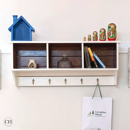 CustHum-Wengen-farmhouse-style entryway wall shelf with 3 cubby holes and 5 hooks-white and wood tone (front view)