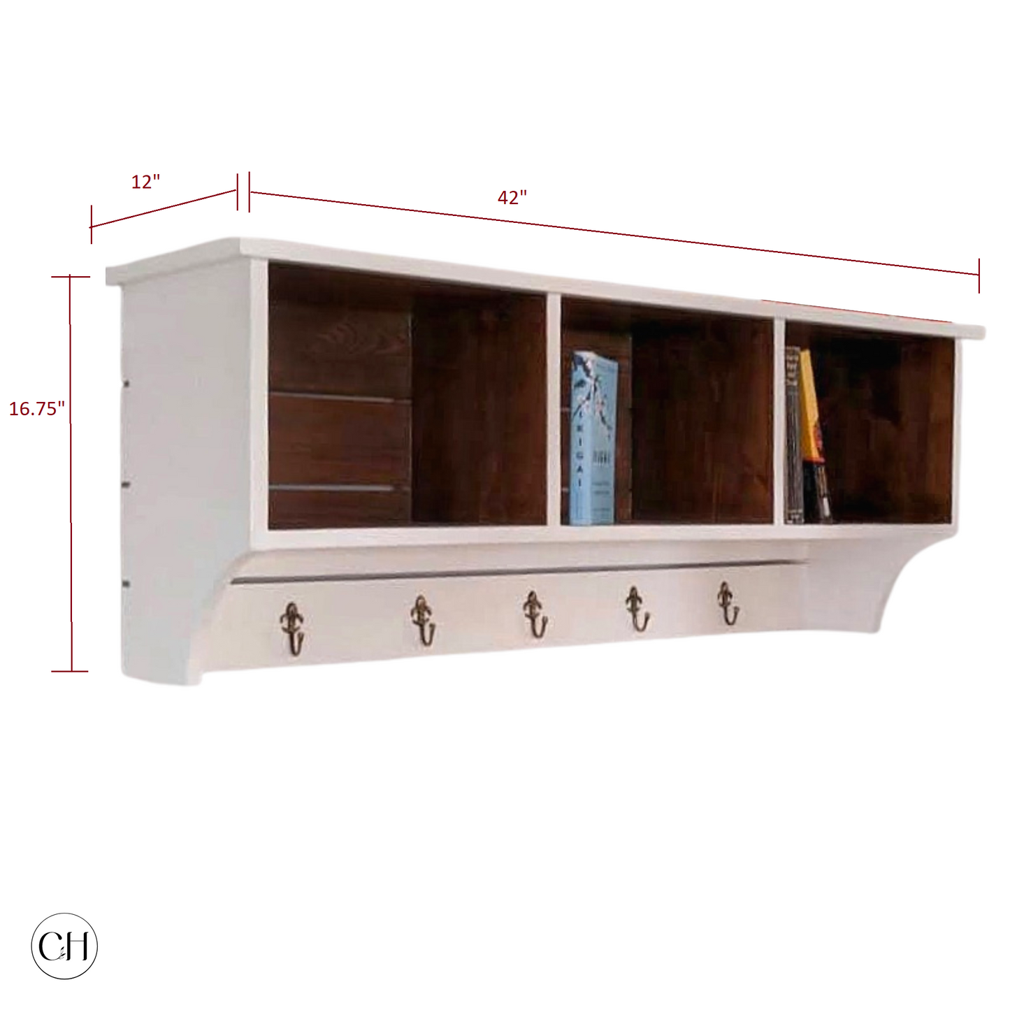 CustHum-Wengen-farmhouse-style entryway wall shelf with 3 cubby holes and 5 hooks-white and wood tone (dimensions)